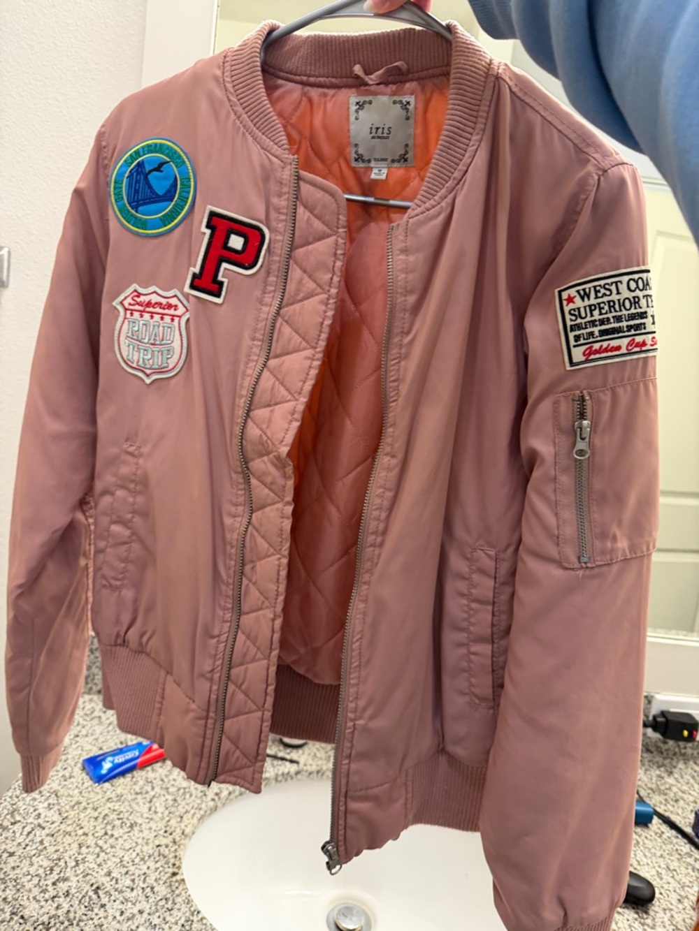 iris Dusty Rose Bomber Jacket with Embroidered Patches